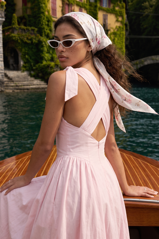 Tie-Shoulder V-Neck Open Back Flared Midi Dress