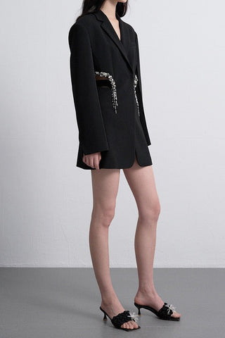 Black Cut-Out Blazer Dress with Crystal Embellished Waist