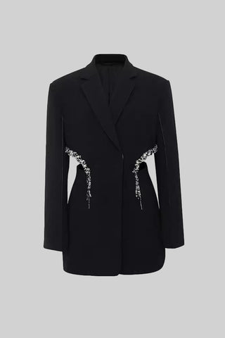 Black Cut-Out Blazer Dress with Crystal Embellished Waist