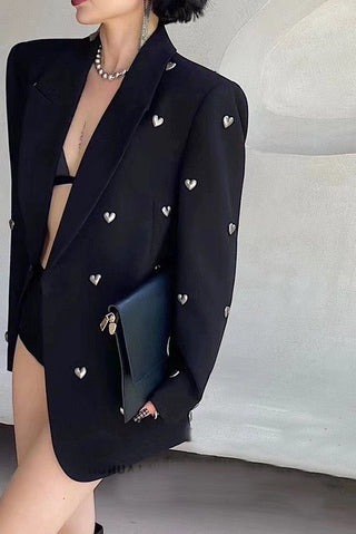 Statement Oversized Blazer with Metallic Heart Studs and Tailored Fit