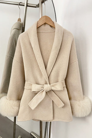 Belted Wool Wrap Coat with Faux Fur Cuffs and Shawl Collar