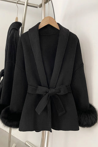 Belted Wool Wrap Coat with Faux Fur Cuffs and Shawl Collar