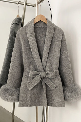 Belted Wool Wrap Coat with Faux Fur Cuffs and Shawl Collar