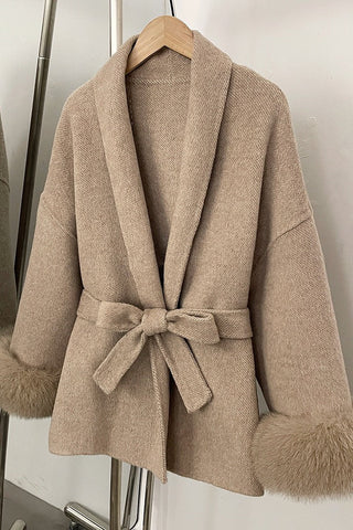 Belted Wool Wrap Coat with Faux Fur Cuffs and Shawl Collar