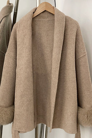 Belted Wool Wrap Coat with Faux Fur Cuffs and Shawl Collar