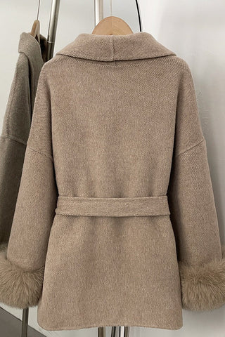 Belted Wool Wrap Coat with Faux Fur Cuffs and Shawl Collar