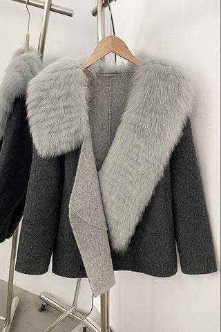 Luxury Wool Blend Coat with Wide Faux Fur Shawl Collar
