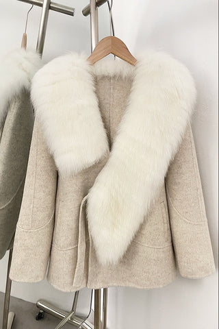 Luxury Wool Blend Coat with Wide Faux Fur Shawl Collar