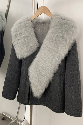 Luxury Wool Blend Coat with Wide Faux Fur Shawl Collar