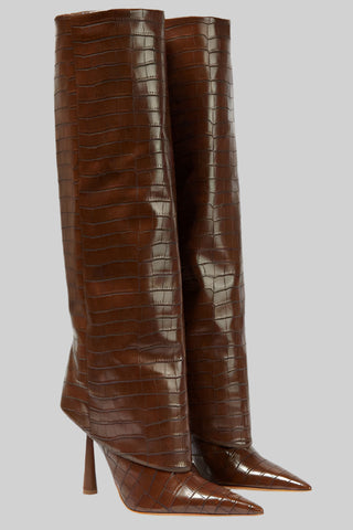 Croc-Embossed Knee-High Stiletto Leather Boots