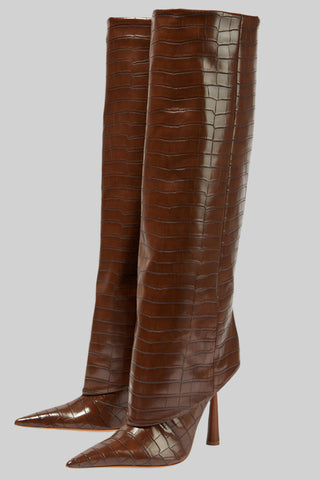 Croc-Embossed Knee-High Stiletto Leather Boots
