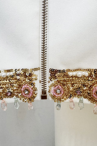 High-Neck Embellished Two-Piece Bridal Set with Long Sleeve Crop Top and Slit Maxi Skirt