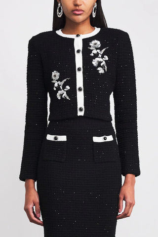 Knitted Sequin Floral Embellished Cardigan and High-Waist Pencil Skirt Set