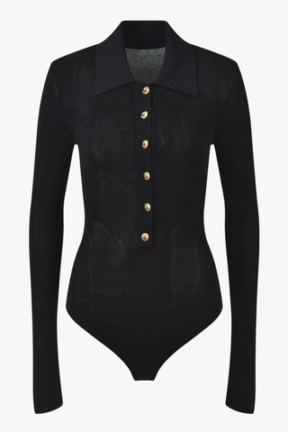 Long Sleeve Ribbed Knit Bodysuit with Collar & Button Front