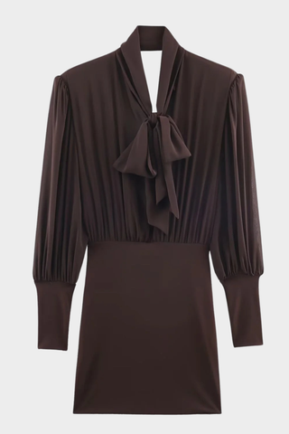 Long Sleeve Tie-Neck Mini Dress in Structured Woven Fabric