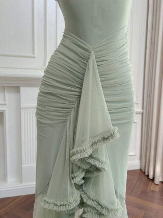Elegant Sleeveless Long Mesh Dress with Ruffled Details