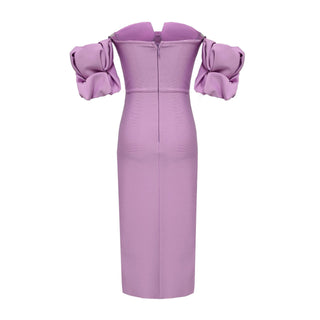 Puff Sleeve Side Slit Bandage Midi Dress