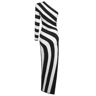Tall Black and White One-Sleeve Striped Bodycon Dress with High Slit