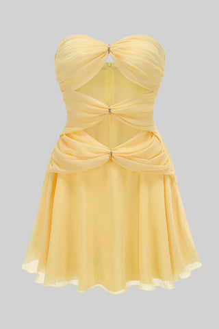 Elegant Ruched Sweetheart Strapless Mini Dress - Sunshine Yellow & Classic White