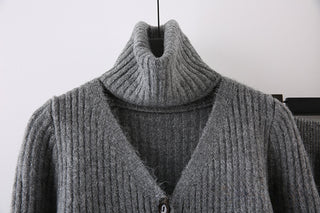 3-Piece Knitted Set - V-Neck Sweater, Cardigan, and Wide-Leg Pants