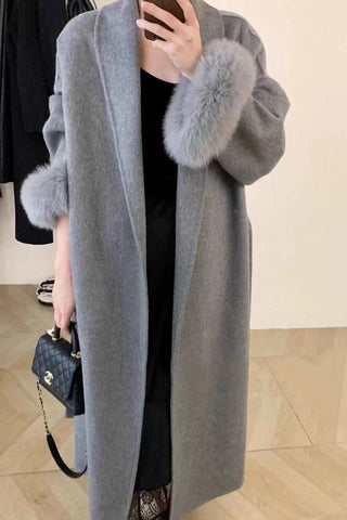 Luxury Double-Sided Wool Long Coat with Detachable Fur Sleeves