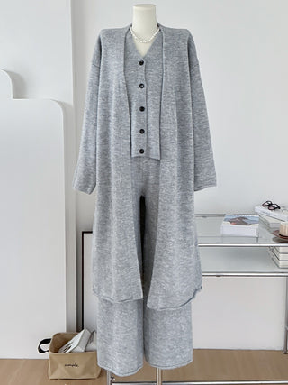 3-Piece Cozy Knitted Lounge Set - Long Cardigan, Vest, and High-Waist Pants