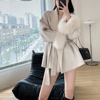 Double-Faced Wool Coat with Fur Cuffs - Mid-Length, Belted Wrap Coat