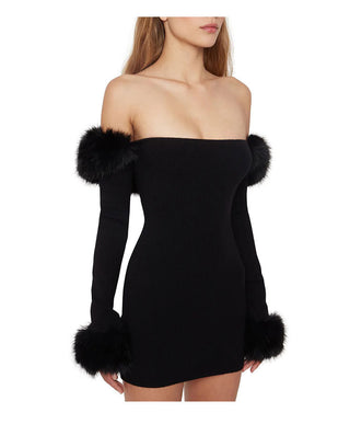Black Off-Shoulder Knitted Mini Dress with Faux Fur Accents