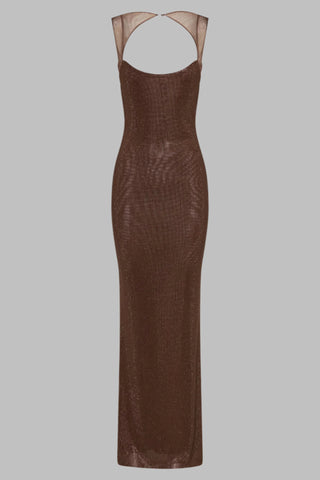 Sleeveless Rhinestone Mesh Bodycon long Dress with Open Back