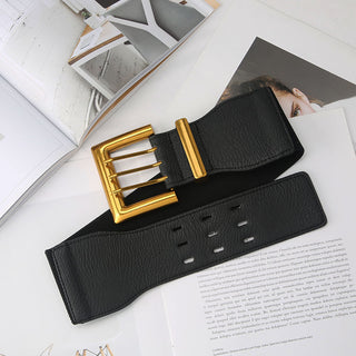 Wide Elastic Belt with Bold Gold Buckle