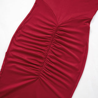 Elegant Red Long-Sleeve Evening Dress with Shoulder Pads and Ruched Hip Detail - Fishtail Maxi Gown