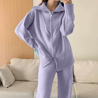 Cozy Knit Set - Wide Leg Pants & Oversized Zip-Up Sweater