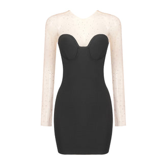 Glam Black Bandage Mini Dress with Diamond Mesh Sleeves – Nevo Glam Black Bandage Mini Dress with Diamond Mesh Sleeves – Nevo
