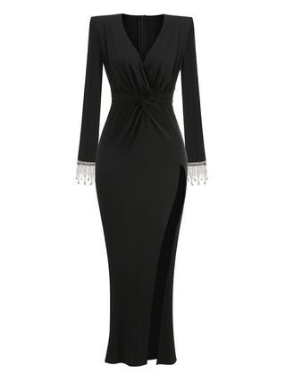 Elegant Black Long Sleeve Evening Long Dress with V-Neck and High Slit