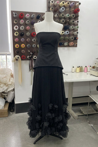 Strapless Lace-Up Corset Long Dress with Pleated Skirt and 3D Floral Trim