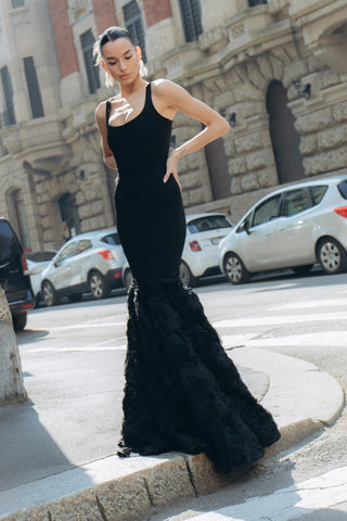 Glamorous Black Mermaid Long Dress Sleeveless Scoop Neck, Glitter Knit Bodice with 3D Rosette Feathered Skirt