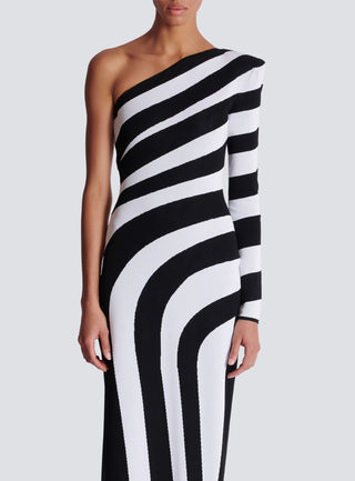 Tall Black and White One-Sleeve Striped Bodycon Dress with High Slit