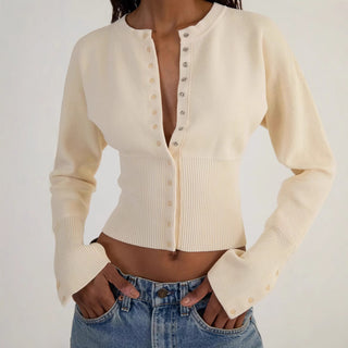 Ribbed Knit Button-Up Long Sleeve Sweater Top