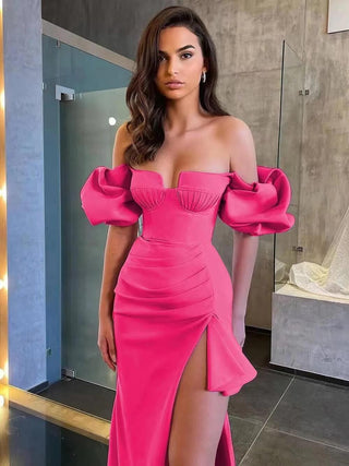 Puff Sleeve Side Slit Bandage Midi Dress