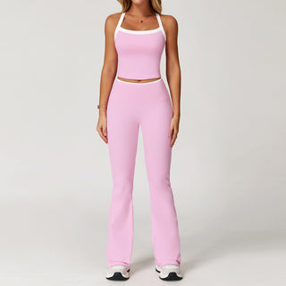 Contrast Trim Racerback Sports Set – Crop Tank & Flared High-Waist Leggings