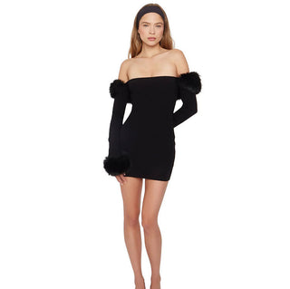Black Off-Shoulder Knitted Mini Dress with Faux Fur Accents