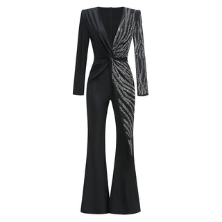 Sexy Deep V-Neck Rhinestone Flared Jumpsuit - Slim Fit Long Sleeve