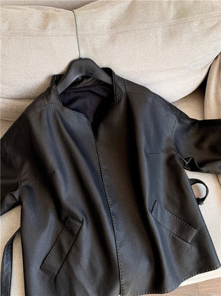 Short Faux Leather Jacket With Belt