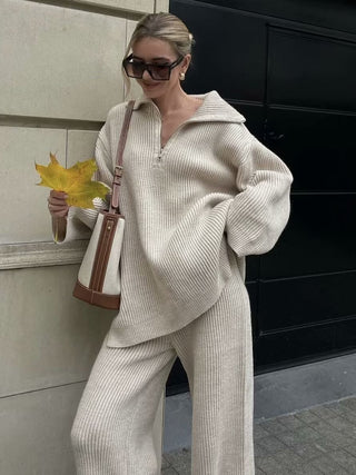 Cozy Ribbed Knit Set – Oversized Pullover & High-Waist Trousers