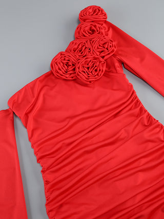 Elegant One-OffShoulder Long Sleeves- Tall Dress with Floral Detailing