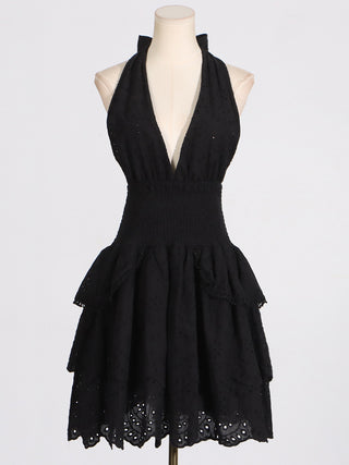 Charm Backless Halter Embroidered   Mini Dress