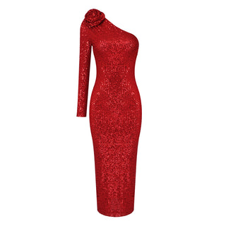 Red Cascade Sequin One Shoulder Long Dress