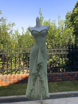 Elegant Sleeveless Long Mesh Dress with Ruffled Details