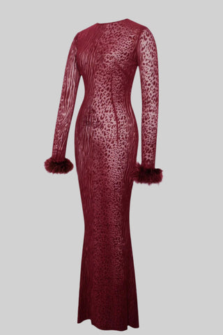 Velvet Mesh Long-Sleeve Tall Dress with Feather Cuffs