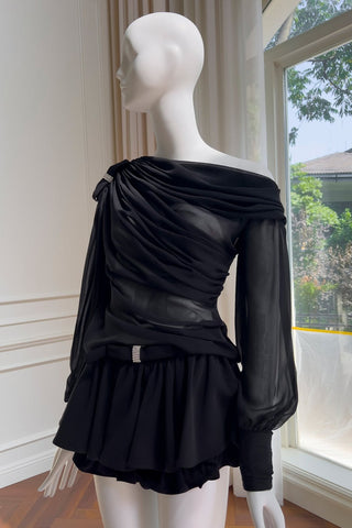 Elegant Long-Sleeve Oblique Shoulder Sheer Top and Skort Set